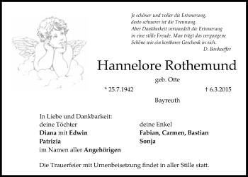 Anzeige von Hannelore Rothemund von Nordbayerischer Kurier