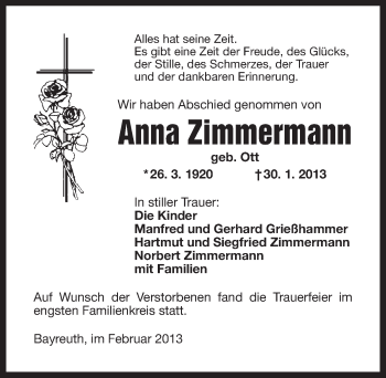 Anzeige von Anna Zimmermann von Nordbayerischer Kurier