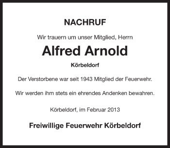 Anzeige von Alfred Arnold von Nordbayerischer Kurier