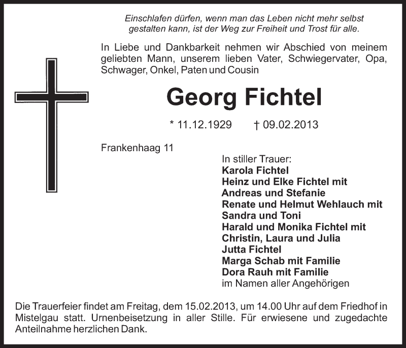  Traueranzeige für Georg Fichtel vom 12.02.2013 aus Nordbayerischer Kurier