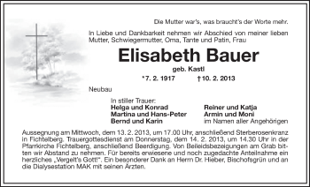 Anzeige von Elisabeth Bauer von Nordbayerischer Kurier