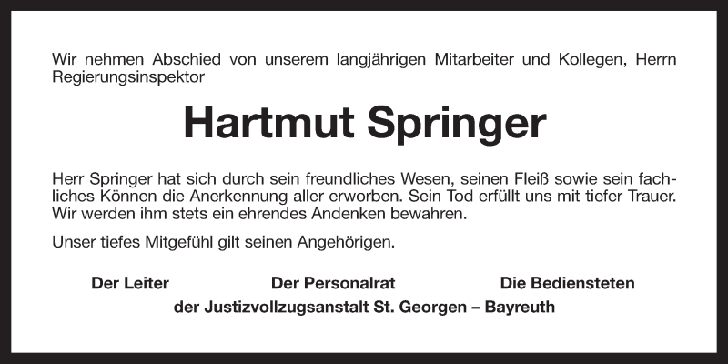  Traueranzeige für Hartmut Springer vom 13.02.2013 aus Nordbayerischer Kurier