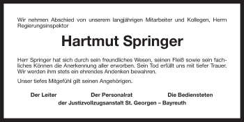 Anzeige von Hartmut Springer von Nordbayerischer Kurier