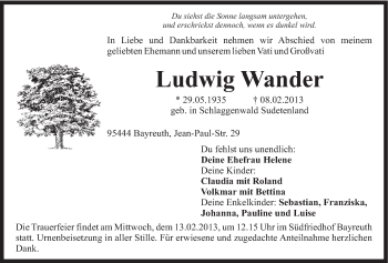 Anzeige von Ludwig Wander von Nordbayerischer Kurier