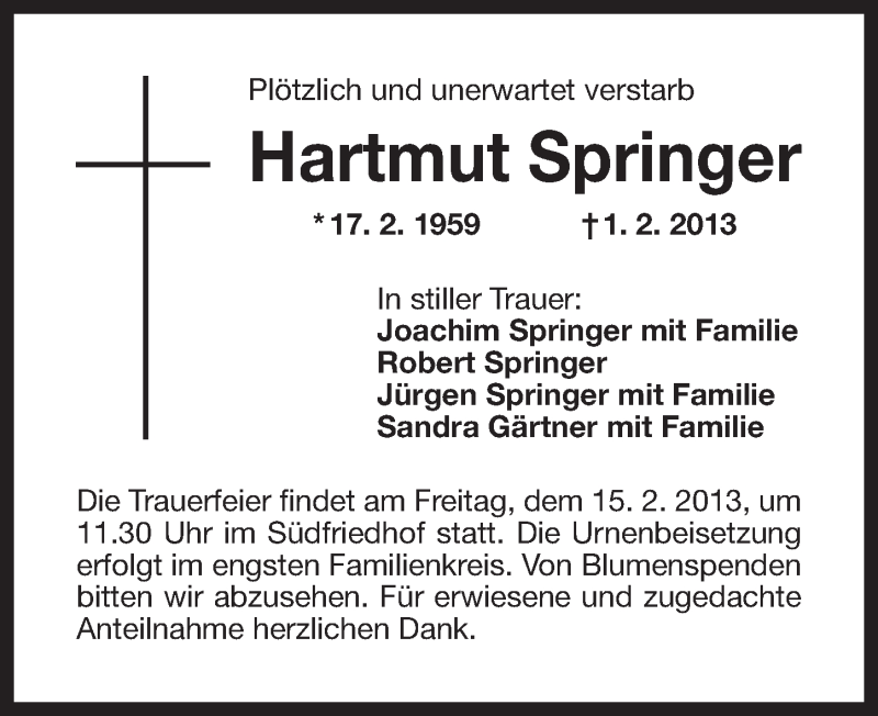  Traueranzeige für Hartmut Springer vom 13.02.2013 aus Nordbayerischer Kurier