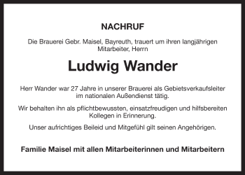 Anzeige von Ludwig Wander von Nordbayerischer Kurier