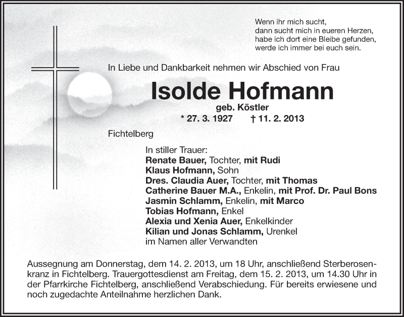  Traueranzeige für Isolde Hofmann vom 13.02.2013 aus Nordbayerischer Kurier