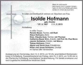 Anzeige von Isolde Hofmann von Nordbayerischer Kurier