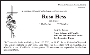 Anzeige von Rosa Hess von Nordbayerischer Kurier