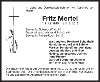 Anzeige von Fritz Mertel von Nordbayerischer Kurier