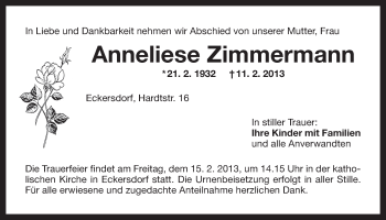 Anzeige von Anneliese Zimmermann von Nordbayerischer Kurier