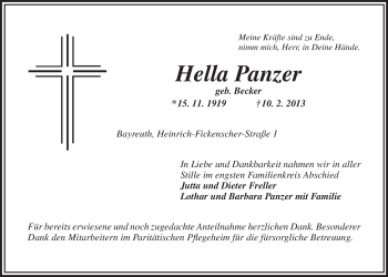 Anzeige von Hella Panzer von Nordbayerischer Kurier