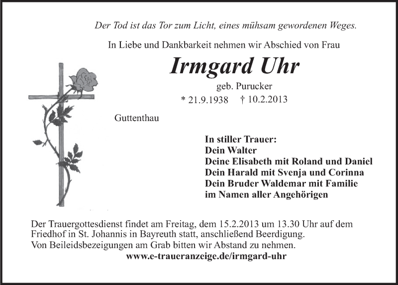  Traueranzeige für Irmgard Uhr vom 14.02.2013 aus Nordbayerischer Kurier