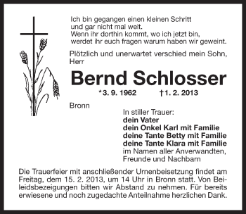 Anzeige von Bernd Schlosser von Nordbayerischer Kurier