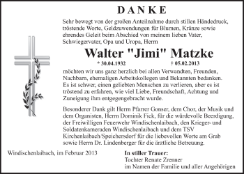 Anzeige von Walter Matzke von Nordbayerischer Kurier