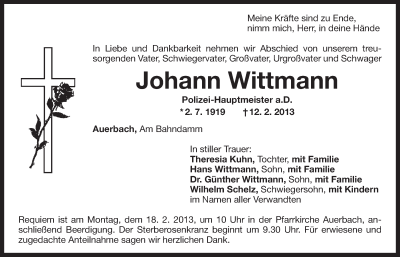  Traueranzeige für Johann Wittmann vom 15.02.2013 aus Nordbayerischer Kurier