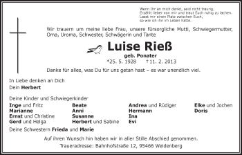 Anzeige von Luise Rieß von Nordbayerischer Kurier