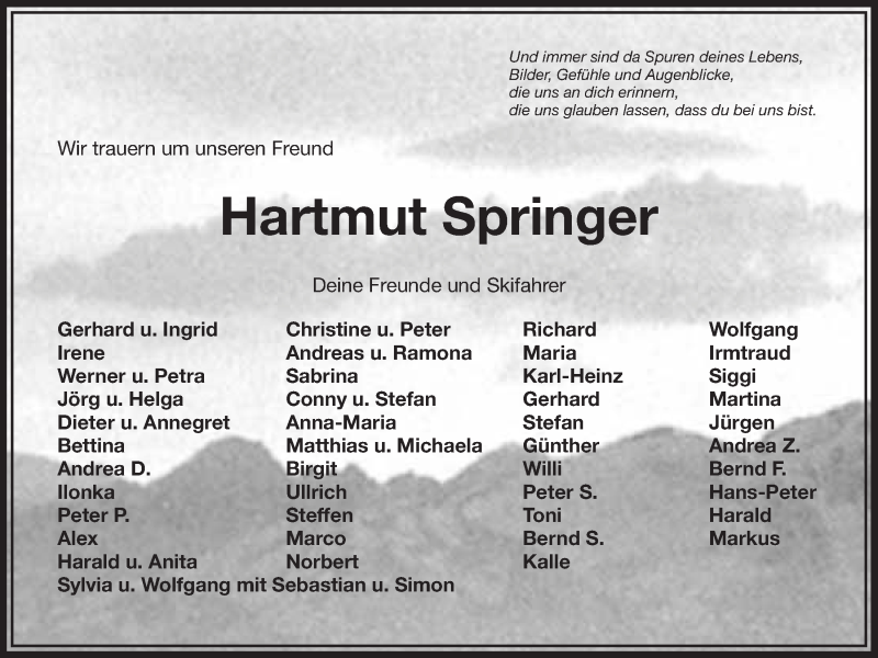  Traueranzeige für Hartmut Springer vom 15.02.2013 aus Nordbayerischer Kurier