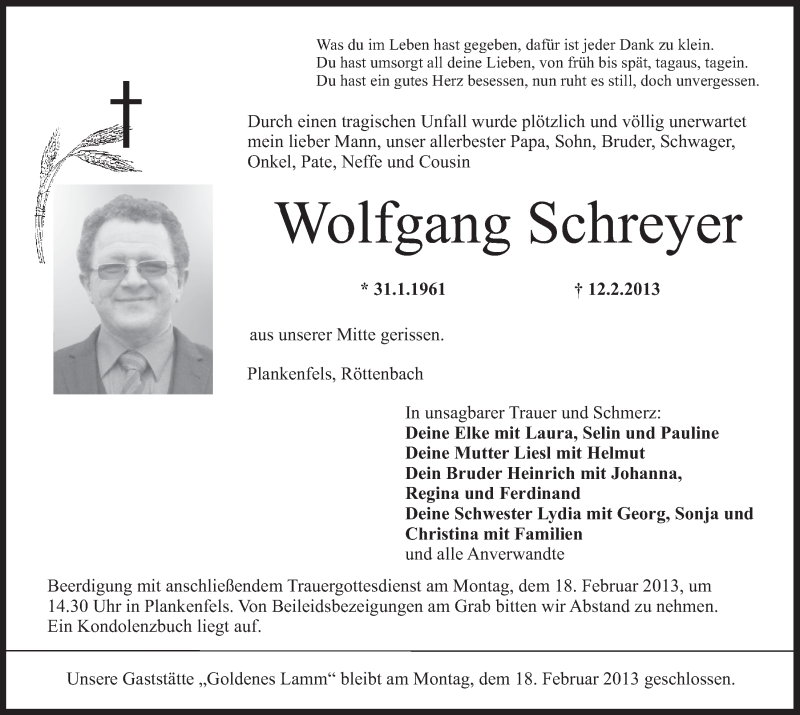  Traueranzeige für Wolfgang Schreyer vom 16.02.2013 aus Nordbayerischer Kurier