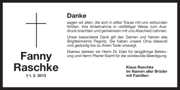 Anzeige von Fanny Raschke von Nordbayerischer Kurier