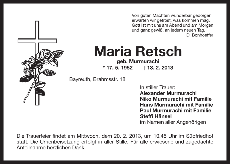  Traueranzeige für Maria Retsch vom 16.02.2013 aus Nordbayerischer Kurier