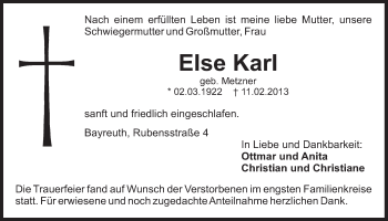 Anzeige von Else Karl von Nordbayerischer Kurier