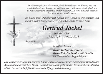 Anzeige von Gertrud Jäckel von Nordbayerischer Kurier