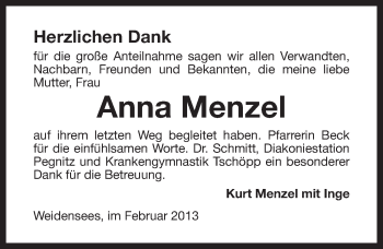 Anzeige von Anna Menzel von Nordbayerischer Kurier
