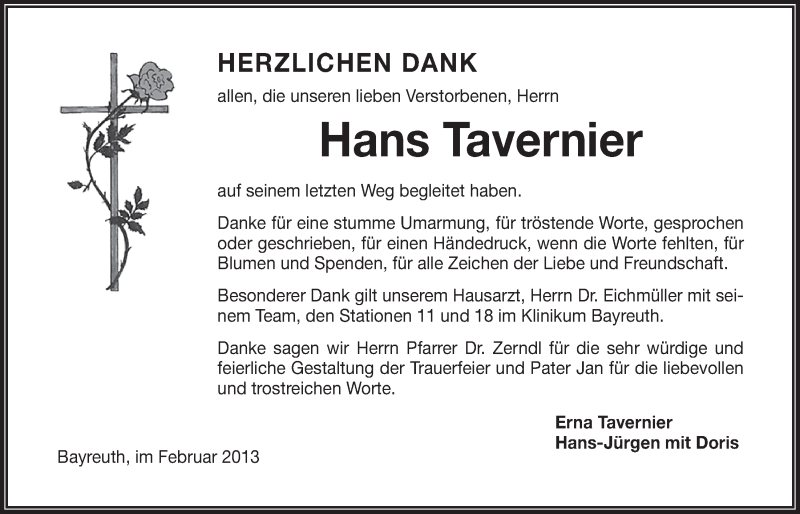  Traueranzeige für Hans Tavernier vom 19.02.2013 aus Nordbayerischer Kurier
