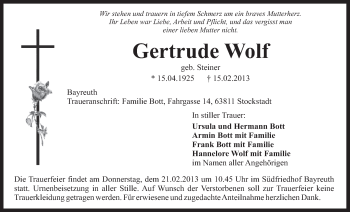 Anzeige von Gertrude Wolf von Nordbayerischer Kurier