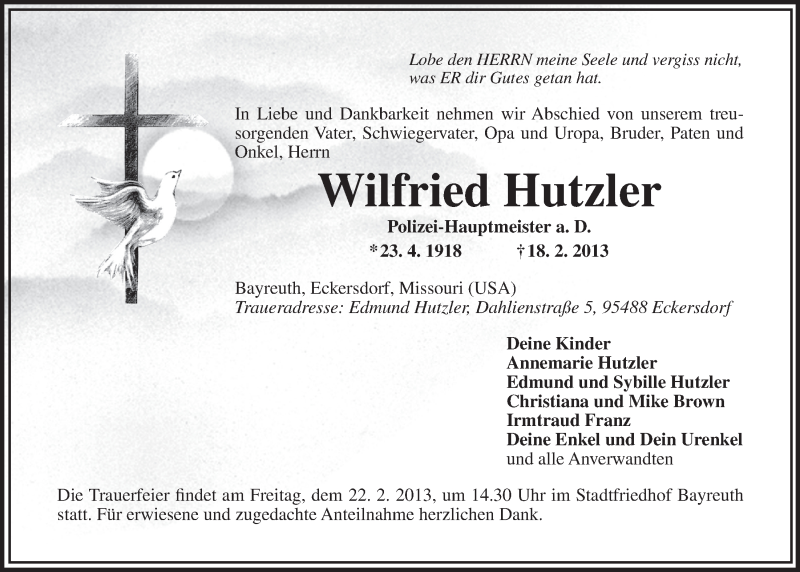  Traueranzeige für Wilfried Hutzler vom 20.02.2013 aus Nordbayerischer Kurier