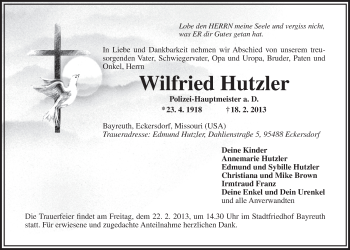 Anzeige von Wilfried Hutzler von Nordbayerischer Kurier