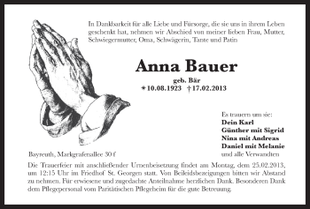 Anzeige von Anna Bauer von Nordbayerischer Kurier