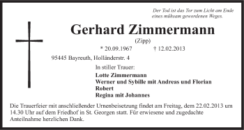 Anzeige von Gerhard Zimmermann von Nordbayerischer Kurier