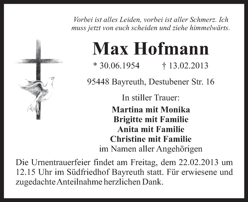  Traueranzeige für Max Hofmann vom 20.02.2013 aus Nordbayerischer Kurier