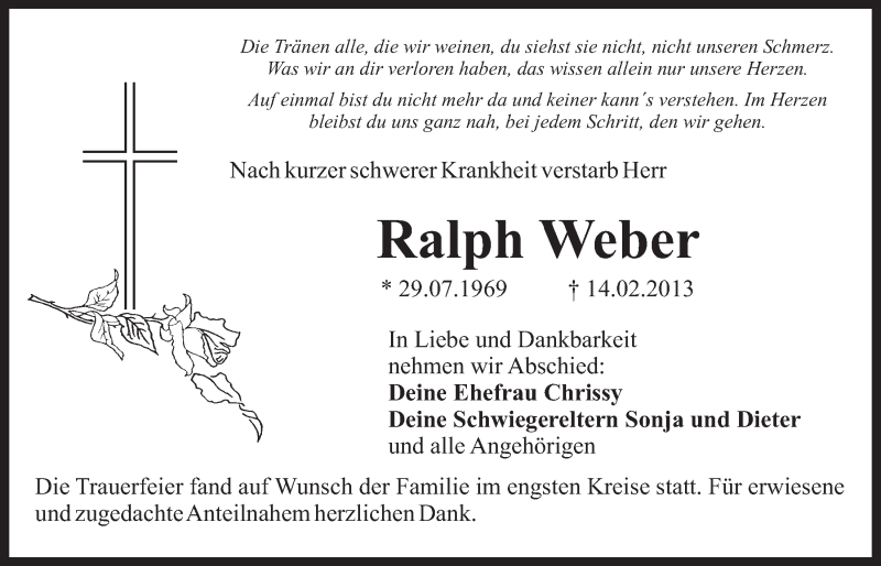  Traueranzeige für Ralph Weber vom 20.02.2013 aus Nordbayerischer Kurier
