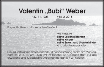 Anzeige von Valentin Weber von Nordbayerischer Kurier