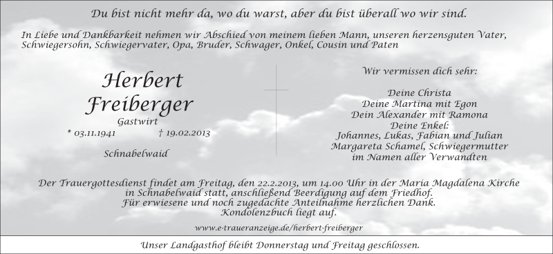  Traueranzeige für Herbert Freiberger vom 21.02.2013 aus Nordbayerischer Kurier