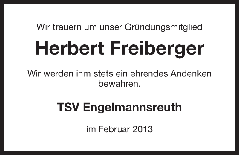  Traueranzeige für Herbert Freiberger vom 22.02.2013 aus Nordbayerischer Kurier