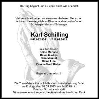 Anzeige von Karl Schilling von Nordbayerischer Kurier