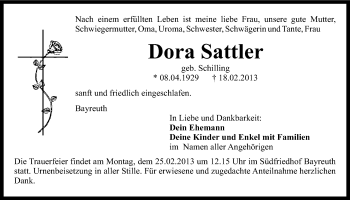Anzeige von Dora Sattler von Nordbayerischer Kurier
