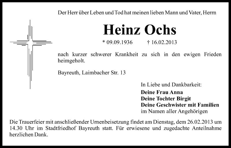  Traueranzeige für Heinz Ochs vom 23.02.2013 aus Nordbayerischer Kurier