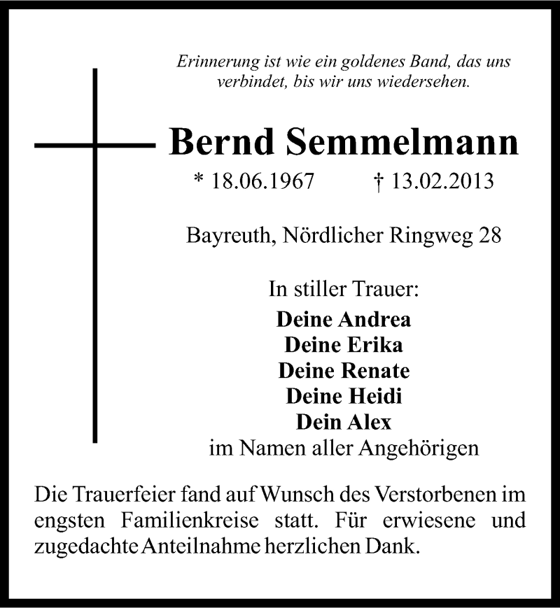  Traueranzeige für Bernd Semmelmann vom 23.02.2013 aus Nordbayerischer Kurier