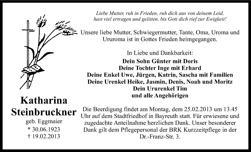  Traueranzeige für Katharina Steinbruckner vom 23.02.2013 aus Nordbayerischer Kurier