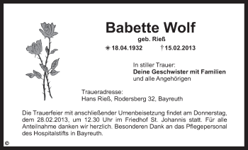 Anzeige von Babette Wolf von Nordbayerischer Kurier