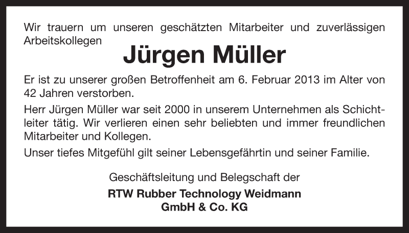  Traueranzeige für Jürgen Müller vom 26.02.2013 aus Nordbayerischer Kurier