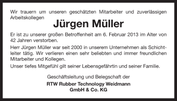 Anzeige von Jürgen Müller von Nordbayerischer Kurier