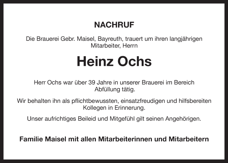  Traueranzeige für Heinz Ochs vom 26.02.2013 aus Nordbayerischer Kurier