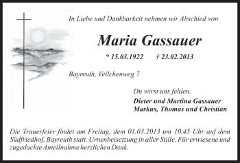 Anzeige von Maria Gassauer von Nordbayerischer Kurier