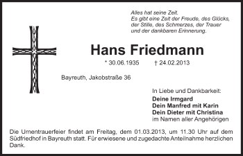 Anzeige von Hans Friedmann von Nordbayerischer Kurier